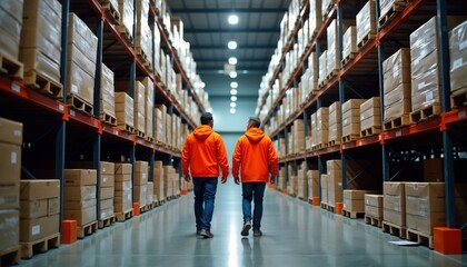 Two men in orange jackets walk through large warehouse. Many cardboard boxes stacked high on shelves. Checking inventory. Warehouse staff ensure everything in order. Logistics business activity in