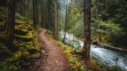 Obraz premium A serene forest path alongside a flowing river, showcasing nature's beauty and tranquility.