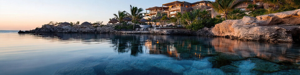 Coastal Resort Building and Calm Ocean Water at Sunrise