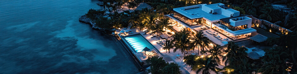 Fototapeta premium Aerial Night View of Coastal Luxury Residence with Pool