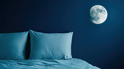 A tranquil bedroom scene with soft blue bedding and pillows, illuminated by a bright moon against a deep blue wall.