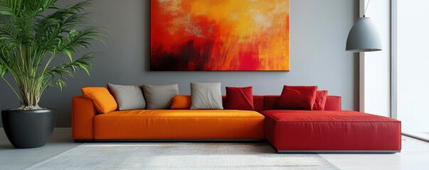 Minimalist, japandi home interior design of living room. Bold and cheerful design with orange and red sofa with modern abstract artwork. The space is accented with sleek rug and large indoor plant