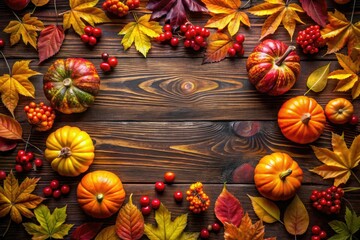 Fototapeta premium Dark wood backdrop, framed by autumn leaves, pumpkins, and berries.