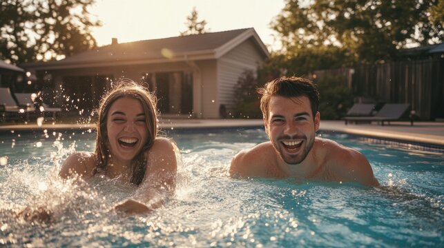 Summer Pool Fun: A joyful young couple splashes and laughs together in a refreshing backyard pool, enjoying a carefree summer day. The warm golden sunlight adds a touch of magic to this idyllic scene.