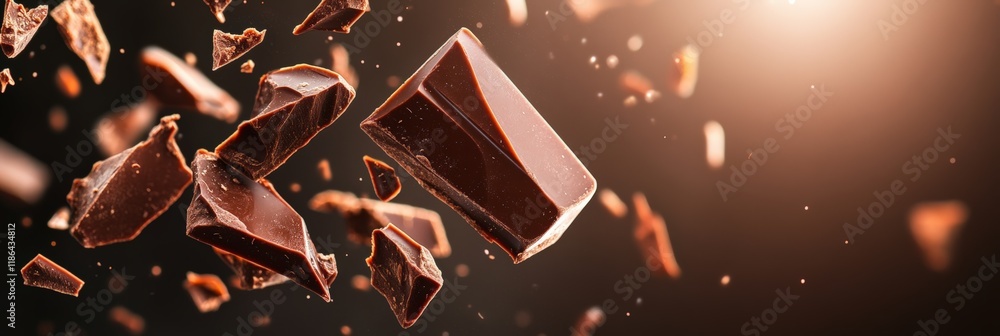 Aufkleber Pieces of dark chocolate of various sizes are levitating on a brown background with backlighting, creating a visually appealing scene for chocolate lovers