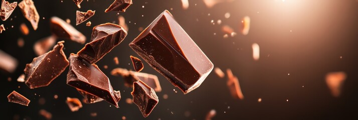 Pieces of dark chocolate of various sizes are levitating on a brown background with backlighting, creating a visually appealing scene for chocolate lovers