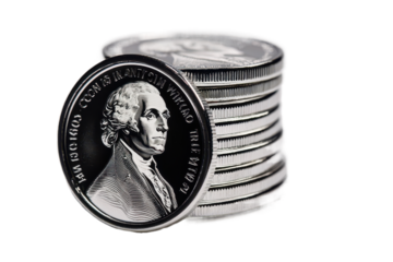 A stack of silver coins with the portrait of George Washington on them, set against a solid white background. The image is high-resolution， isolated on transparent png or white background