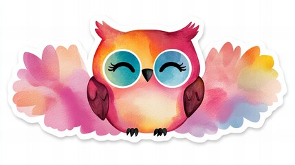 Fototapeta premium Adorable watercolor owl with rainbow wings. Perfect for kids' room decor!