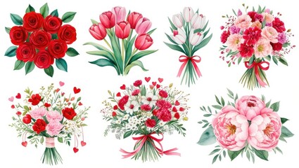 Watercolor Valentine s Day Floral Bouquets Roses Tulips Peonies Carnations