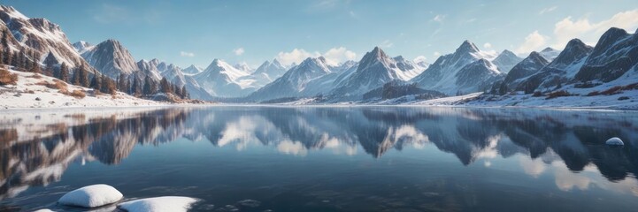Naklejka premium A frozen lake with snow-covered mountains in the background, frozen water, ice rink