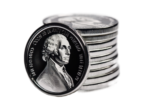 A stack of silver coins with the portrait of George Washington on them, set against a solid white background. The image is high-resolution， isolated on transparent png or white background - Powered by Adobe