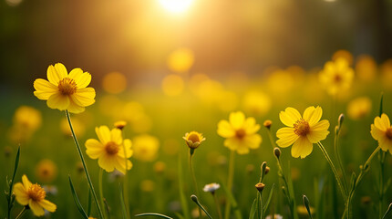 Obraz premium A field of green grass bathed in sunlight, adorned with blooming yellow flowers.