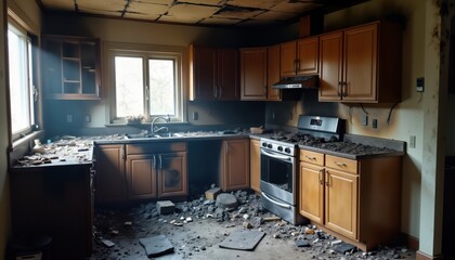 Kitchen interior after fire disaster. Sooty walls, charred debris. Damaged kitchen cabinets, appliances. Messy floor covered in charred remnants. Home destroyed by blaze. Needs renovation,