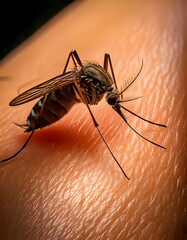 Aedes albopictus, aedes aegypti mosquito, virus zika, dengue, Chikungunya, Mayaro, Yellow fever on human skin 