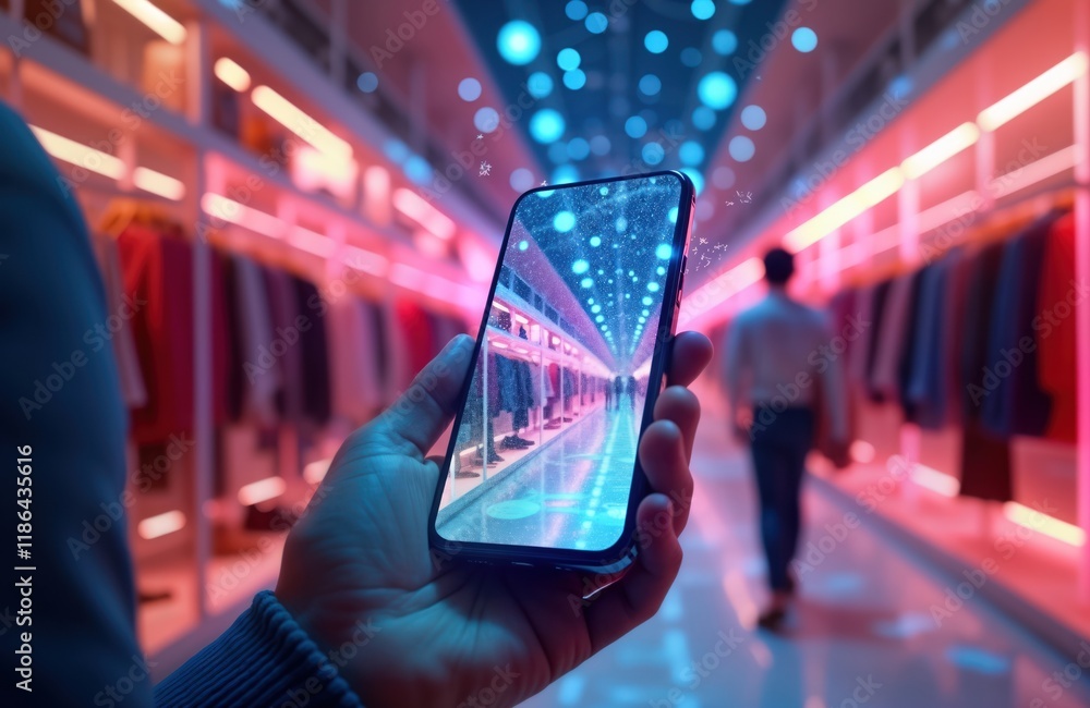 Poster Person holds smartphone showing futuristic online shopping experience. Virtual apparel store displayed on screen. Digital payment tech from mobile device. Customer views virtual fashion items in