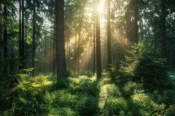 Obraz premium A serene forest scene with sunlight filtering through trees, illuminating lush ferns and greenery.