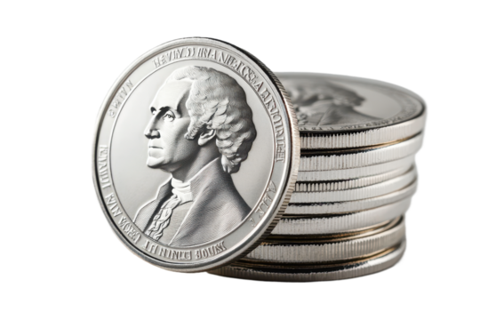 A stack of silver coins with the portrait of George Washington on them, set against a solid white background. The image is high-resolution, isolated on transparent png or white background