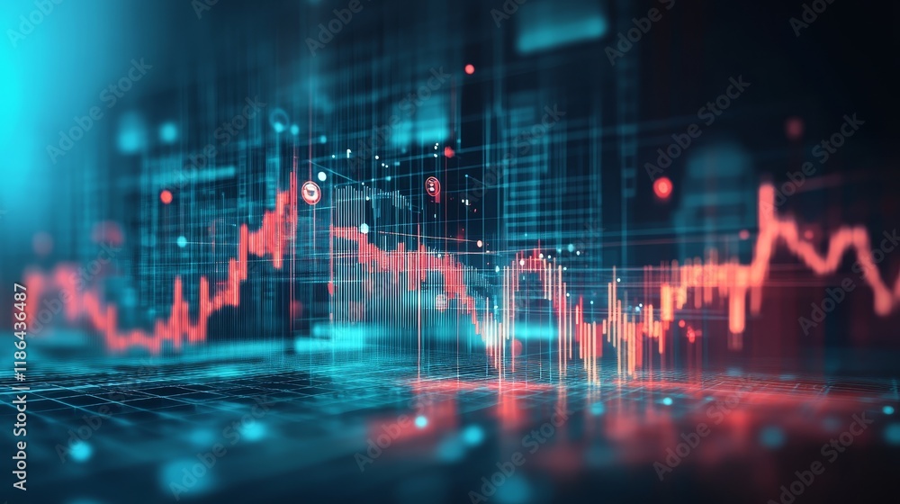 Poster dynamic stock market visualization, analyzing trends with red and blue indicators for strategic inve