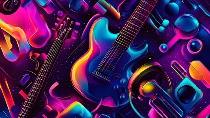 Fototapeta premium Vibrant Guitars and Abstract Shapes in Neon Colors