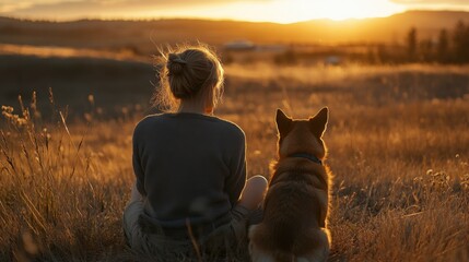 Golden Hour Companions: A woman and her loyal canine companion share a moment of quiet contemplation as the sun dips below the horizon, casting a warm glow over the golden meadow.
