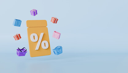 Coupons with discounts and basket shopping, ticket with percentage discount