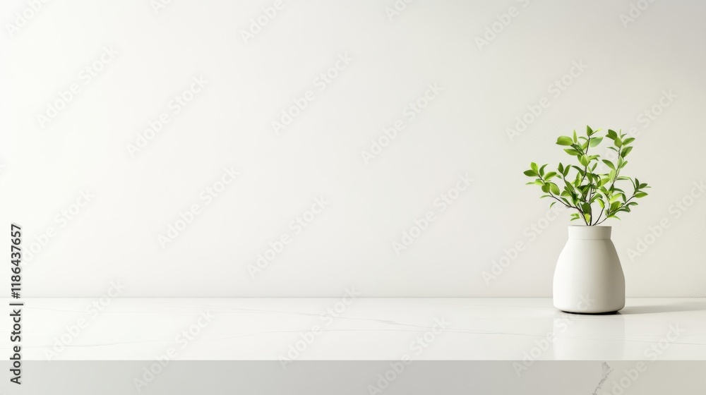 Poster minimalist modern white kitchen countertop featuring a vibrant green plant in a sleek white vase, cr