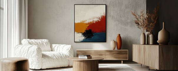 Minimalist, japandi, loft home interior design of modern living room with soft white boucle sofa, wooden side table and sideboard with vases and abstract wall art on a textured concrete gray