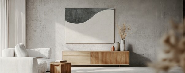 Minimalist, japandi, loft home interior design of modern living room with soft white boucle sofa, wooden side table and sideboard with vases and abstract wall art on a textured concrete gray