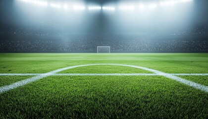 Obraz premium Lush Green Football Field Under Bright Stadium Lights at Dusk