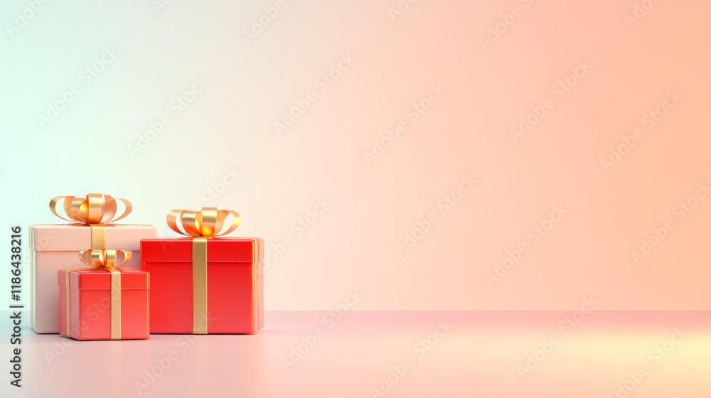 Aufkleber pink and red gift boxes with golden ribbons are displayed on a surface with a gradient background, c