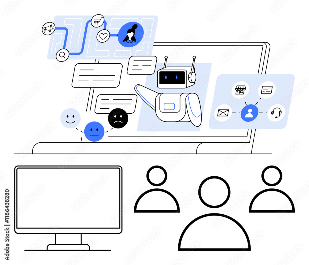 Aufkleber robot assistant on laptop screen managing workflows and chat bubbles. users or team monitor remotely
