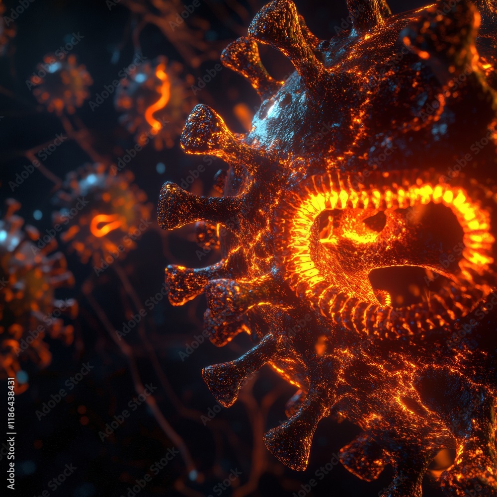 Leinwandbilder detailed 3d visualization showcasing virus structure with glowing molecular details and rna strands 