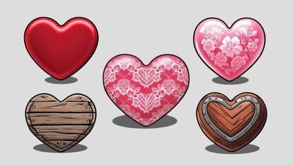 Collection of Diverse Heart Designs Red Pink Floral Lace Wooden Valentine s Day Love Game Assets