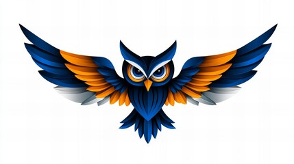 Obraz premium Geometric owl design with outstretched wings, vibrant blue, orange, and white colors. A striking graphic illustration.