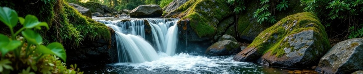Fototapeta premium Water cascading down rocky cliffside with lush moss and ferns, forest, stream, foliage