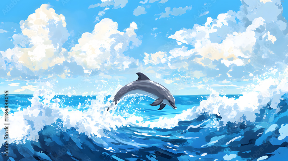 Poster a playful dolphin leaps gracefully above sparkling ocean waves under a bright blue sky dotted with f