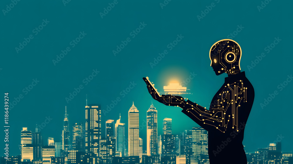 Aufkleber a futuristic robot holds a glowing orb in a cityscape, symbolizing the intersection of technology an