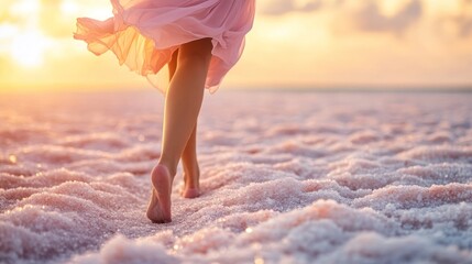 Woman walking barefoot on pink salt flats at sunset.