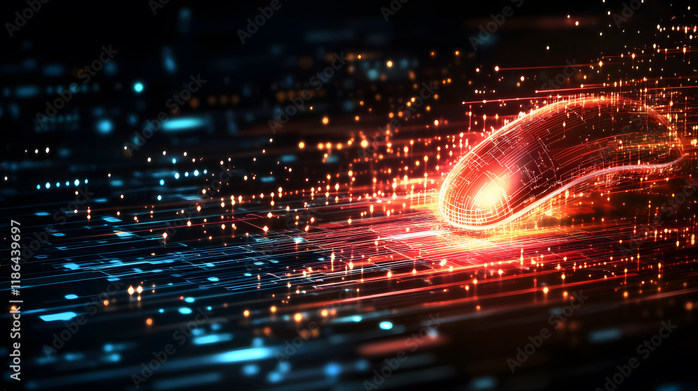 Poster A glowing computer mouse trails light on a digital background, symbolizing technology and connectivity in a vibrant, futuristic design