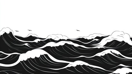 Monochrome illustration of ocean waves with birds.