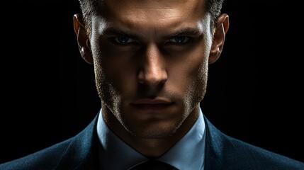Obraz premium Close-up portrait of a serious man in a suit, intensely staring at the camera against a black background.