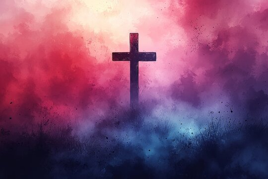 Abstract colorful watercolor background featuring a black cross, leaving space for your text. Perfect abstract background for February 14: Ash Wednesday