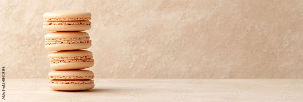 Aufkleber Four beige macarons are stacked and balancing on a beige surface, creating a visually appealing arrangement with a textured beige background providing a complementary backdrop