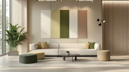 Modern living room, sectional sofa, neutral decor, sunlight, city view, interior design