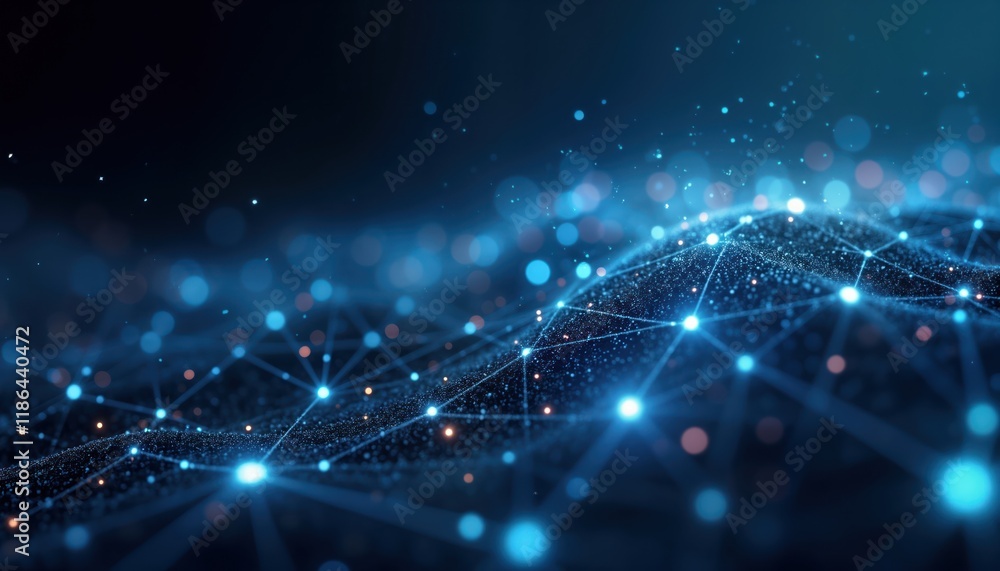 Poster Futuristic network connections form dynamic structure. Complex web of data points, lines. Abstract representation of information flow. Advanced tech concept. Modern business model. Digital world.