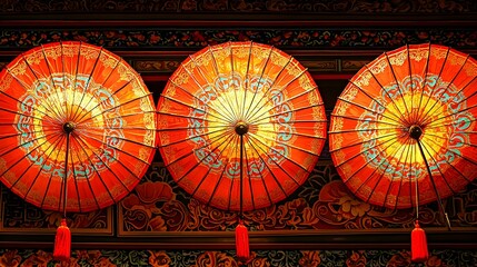Three ornate red parasols hang against a richly decorated wall, creating a vibrant and cultural scene.