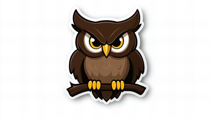 A cartoon owl with intense eyes perched on a branch. Brown and yellow colors dominate this fun illustration.