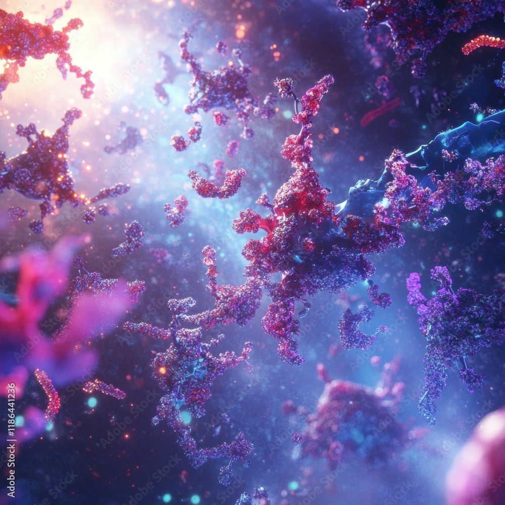 Poster dynamic interaction of antibodies attacking a virus in a vibrant microscopic environment. generative