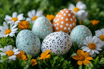 A vibrant Easter-themed background featuring colorful eggs, blooming spring flowers, lush green grass, and soft pastel tones, creating a cheerful and festive atmosphere