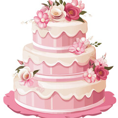 Untitled design - A pink and white three-tier cake with flowers on top, transparent background, PNG